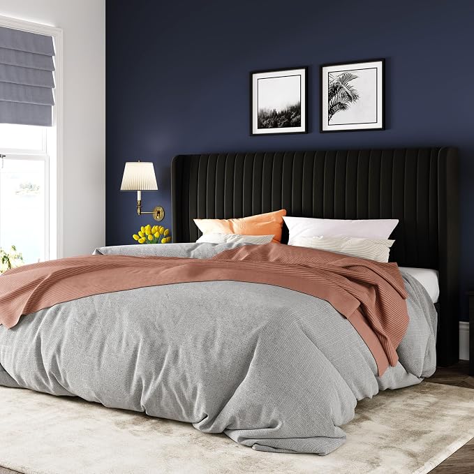 Allewie King Size Velvet Bed Frame/Vertical Channel Tufted Wingback by Allewie