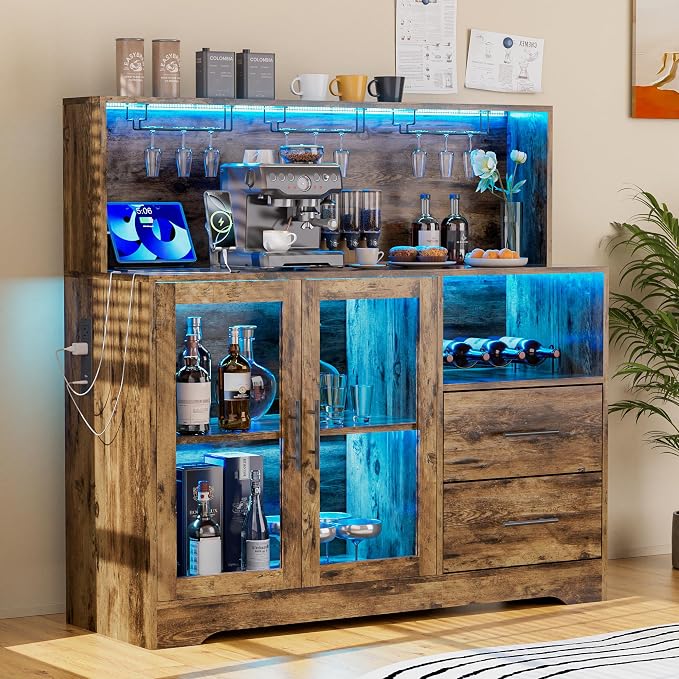 Home Bar Cabinet with Adjustable RGB LED Light, Wine & Coffee Storage with Rack by GIODIR