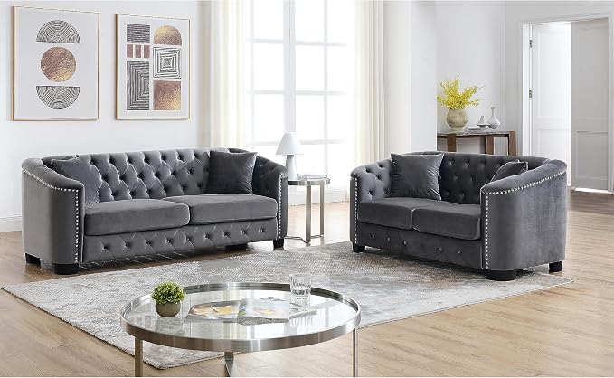 2 Piece Modern Chesterfield Velvet 77" 3-Seater+59" Loveseat Sofa Set, by Unknown