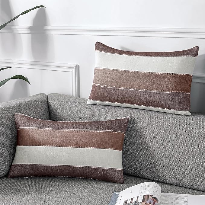 AmHoo Pack of 2 Farmhouse Stripe Check Throw Pillow Covers Set Case Cotton by AmHootextile