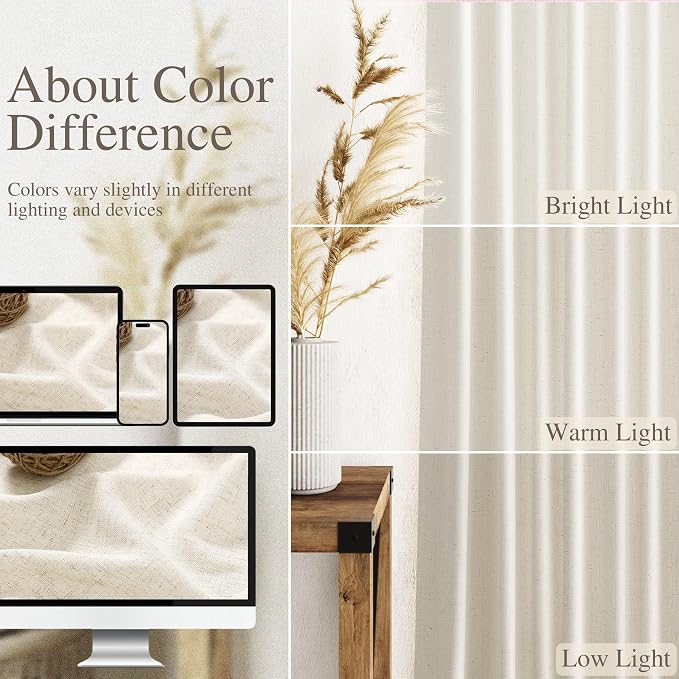 Nanspring Warm Beige Linen Curtains Semi Sheer 96 Inches Long 2 Panels Set - Image 3