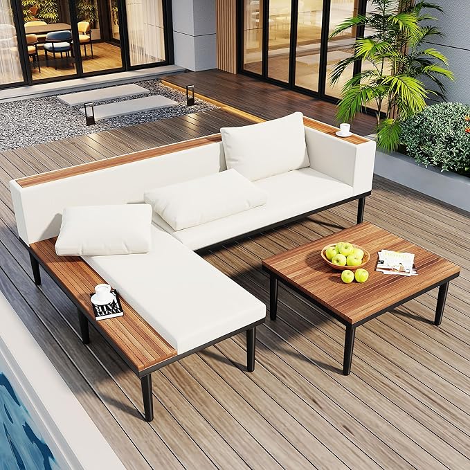 VilroCaz Luxury Outdoor Patio Furniture Set, L-Shaped Acacia Wood Sectional Sofa by VilroCaz
