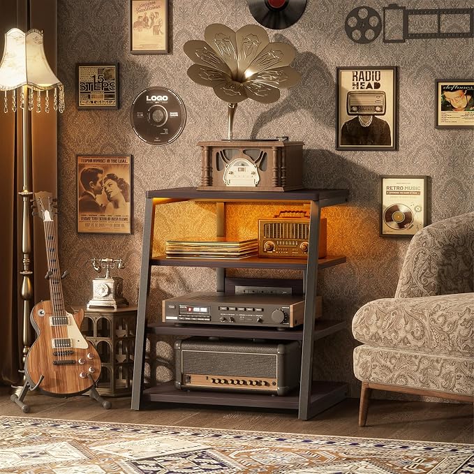 AV Media Stand with Outlets, Stereo Stands and Racks with Vinyl Storage - Image 2