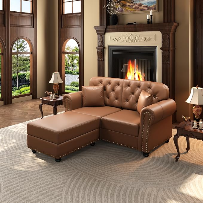 KEIKI 63" Faux Leather Chesterfield Sofa - Image 3
