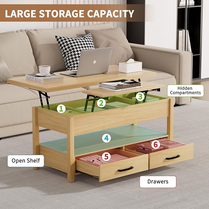 SYESWAY 42'' Lift Top Coffee Table, 4-in-1 Multifunctional Lift Coffee Table - Image 5