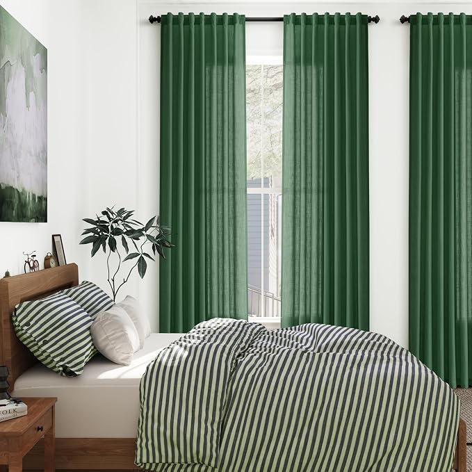 Green Semi Sheer Curtains 120 Inches Long 2 Panels Set Back Tab Loop Pocket - Image 7