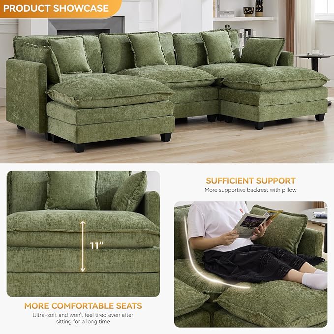 111'' Sectional Cloud Deep Seat Couch, Oversized Chenille U Shaped Sectional - Image 3