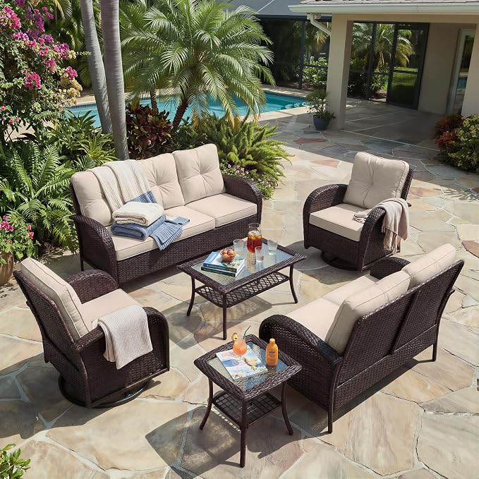 UPHA 5 Pieces Patio Furniture Sets, Wicker Outdoor Loveseat Sofa Set - Image 9
