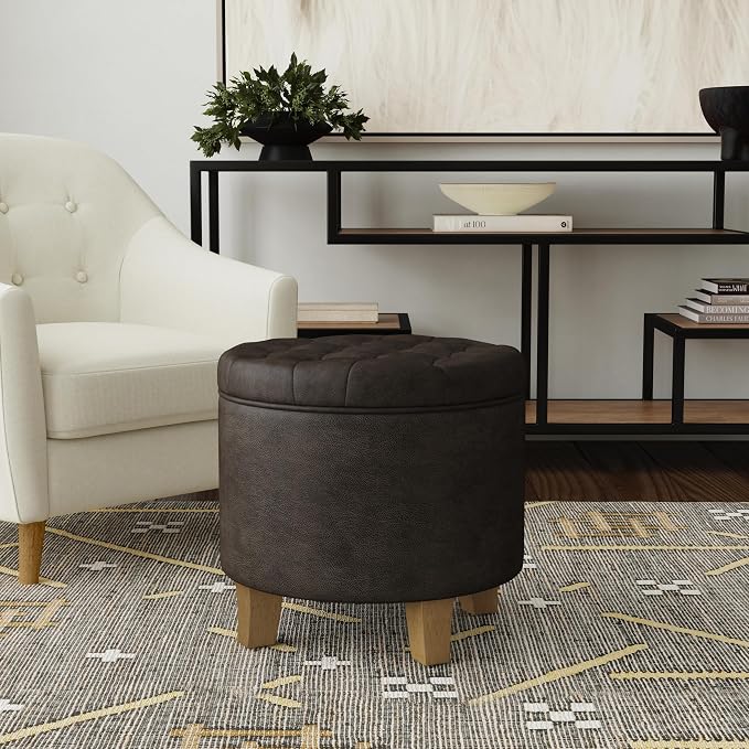 Homepop Home Decor | Upholstered Round Faux Leather Tufted Foot Rest Ottoman | - Image 2
