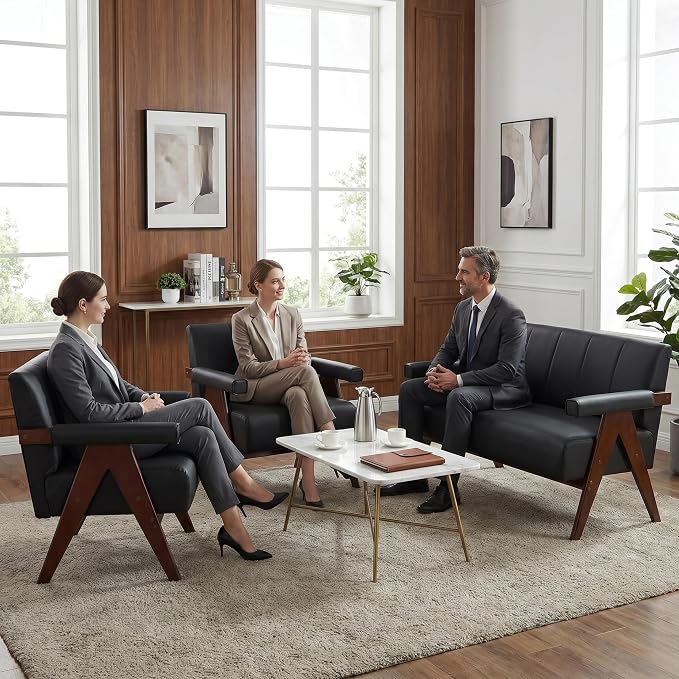 STHOUYN Black Leather Loveseat Sofa and Accent Chairs Set of 2, Mid-Century - Image 2