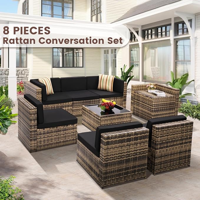 KROFEM 8-Piece Patio Furniture Set, Outdoor Wicker Rattan Sectional - Image 2