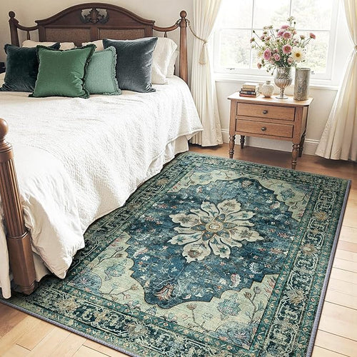 Area Rugs 4'x5' Washable Non-Slip, Floral Vintage Distress Print Pattern by RELEANY
