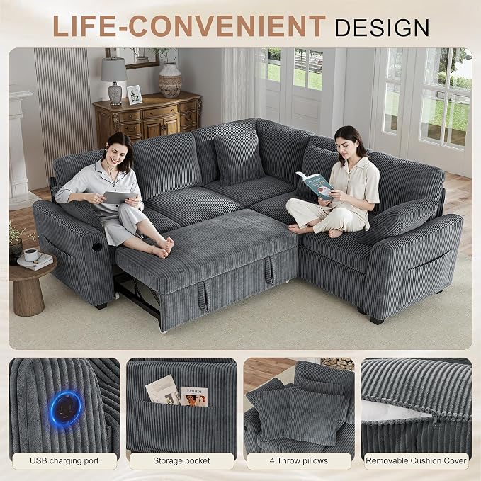 Hanherry Sectional Couch with Pull Out Sofa Bed, Corduroy Sleeper Sofa with 2 - Image 6