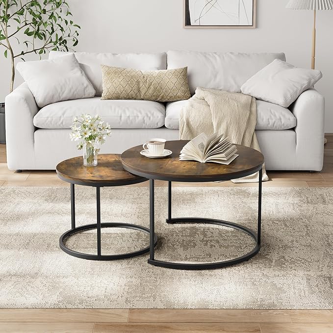 Smuxee Rustic Nesting Coffee Table Set of 2, 27.6" Round Coffee Table Wooden - Image 3