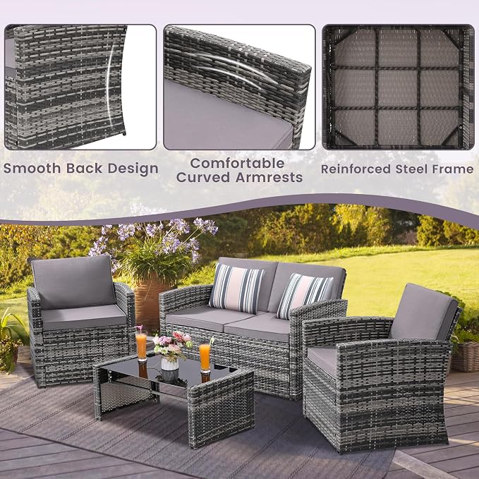 KROFEM 4-Piece Patio Furniture Set, Wicker Outdoor Rattan Sectional Sofa - Image 4