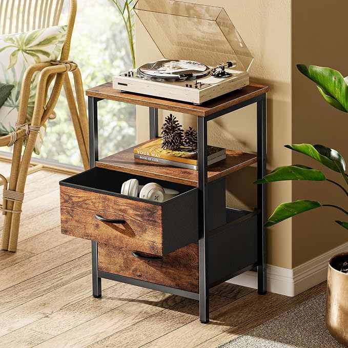 Huuger Night Stand with 2 Drawers, Bed Side Table with Open Shelf, Wooden Top - Image 2