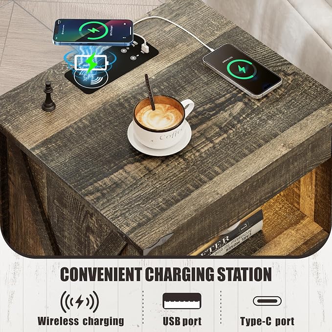 FREDEES Rustic Nightstand with Gun Drawer, End Table with Charging Station - Image 6