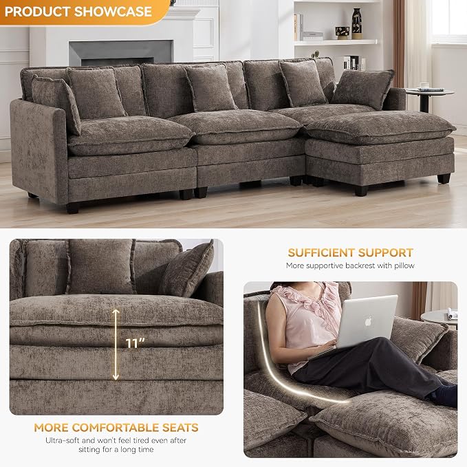 111'' Sectional Cloud Deep Seat Couch, Modern Comfy Chenille L Shaped Sectional - Image 3