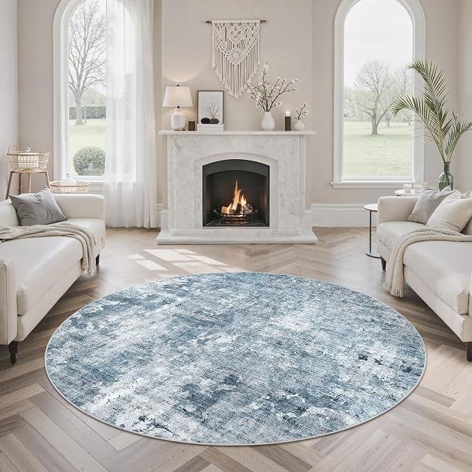6x6 Blue/Grey Round Rug 6ft Living Room Circle Rug Vintage Round Area Rug Non by Soalmost