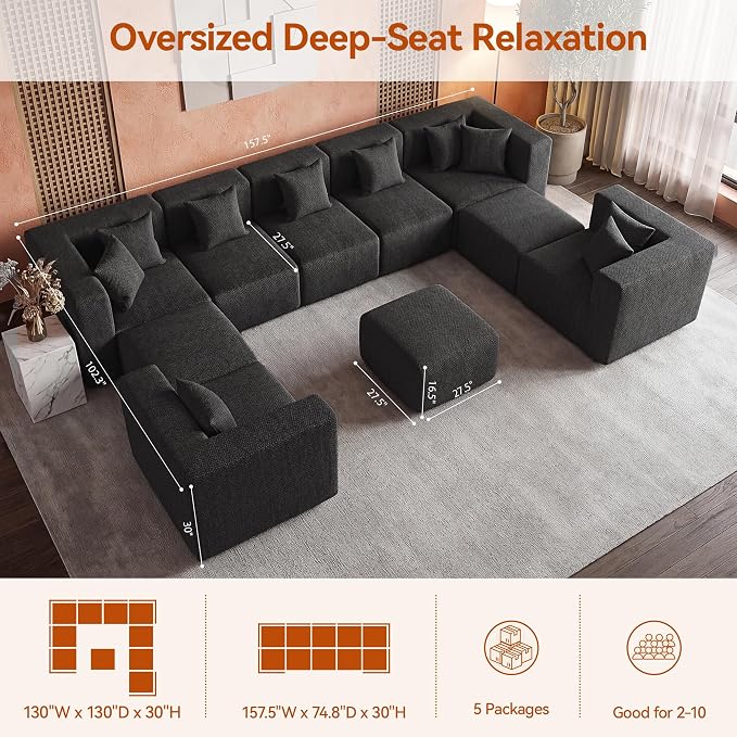 MONVANE Modular Sectional Sofa, Oversized 10 Seat Convertible U Shaped Couch - Image 3