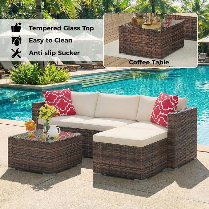 5-Piece Patio Sectional Sofa Set, All-Weather Brown PE Rattan Outdoor - Image 4