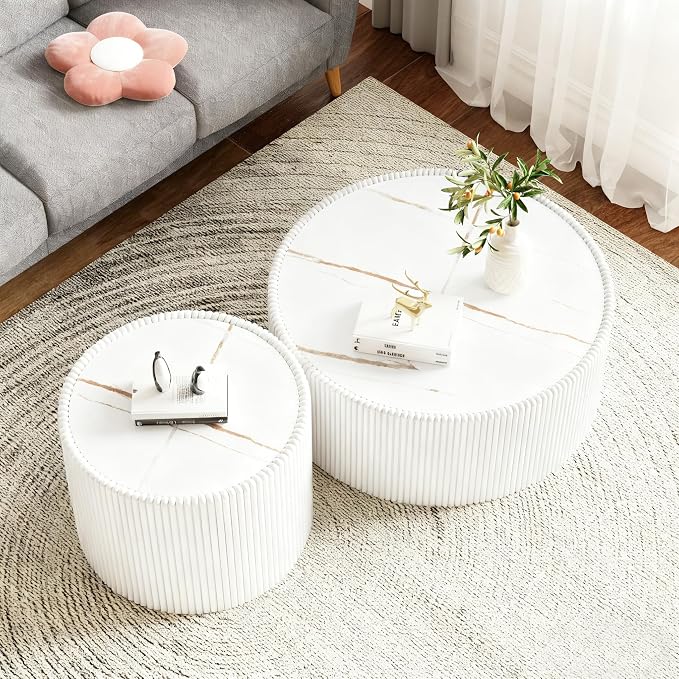 White Marble Coffee Table Set of 2, 29.52" Round Flued Coffee Table and End - Image 3