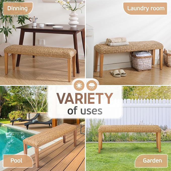 Outdoor Backless Bench, All-Weather Wicker & Solid Acacia Wood, Premium Garden - Image 10