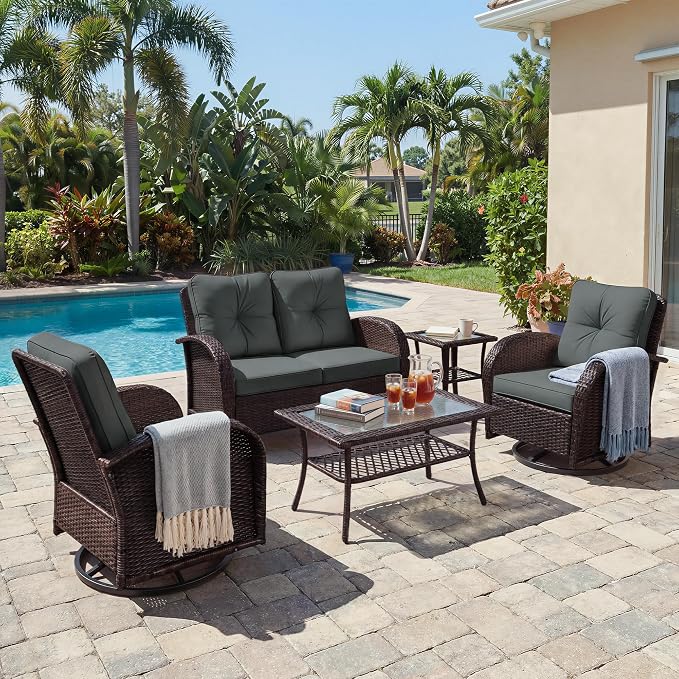 UPHA 5 Pieces Patio Furniture Sets, Wicker Outdoor Loveseat Sofa Set by UPHA
