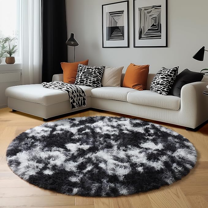 Amdrebio Black White Grey Circle Rug 6Ft Round Area Rugs - Image 4