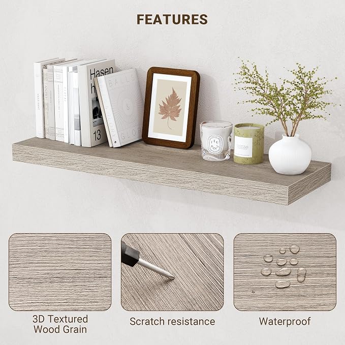 Acovy 16 Inch Floating Shelves, 3D Textured Wood Grain, Wooden Shelves - Image 5