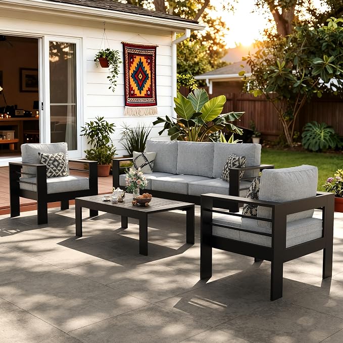 LayinSun Outdoor Aluminum Furniture Set, 4 Pieces Patio Sectional Conversation by LayinSun