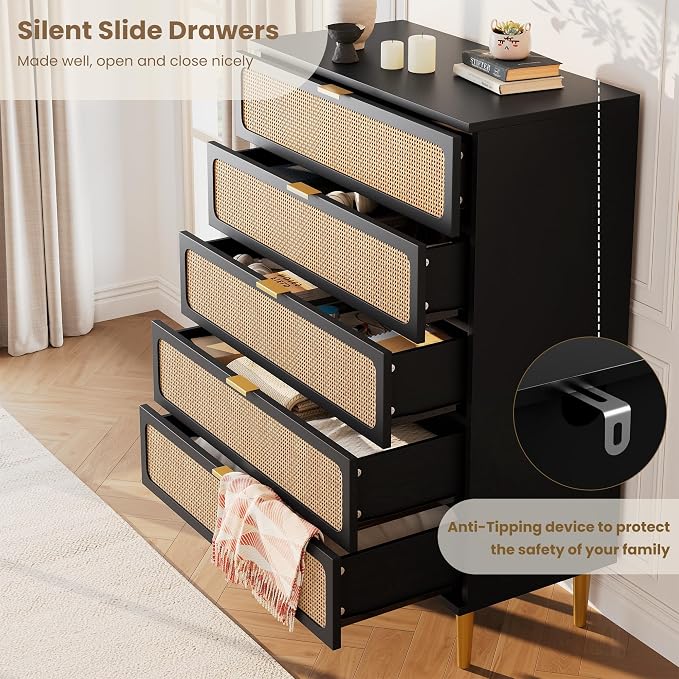 GarveeHome Rattan 5 Drawer Dressers - Image 5
