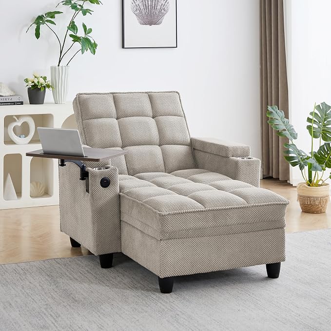 Oversized Recliner Chair with Swivel Tray Table, Modern Tufted Linen Fabric by Unknown