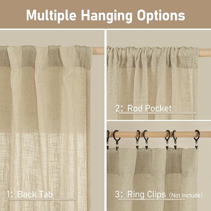 LAMIT Light Filtering Sheer Linen Curtains 102 inches Long, Linen Textured Semi - Image 2
