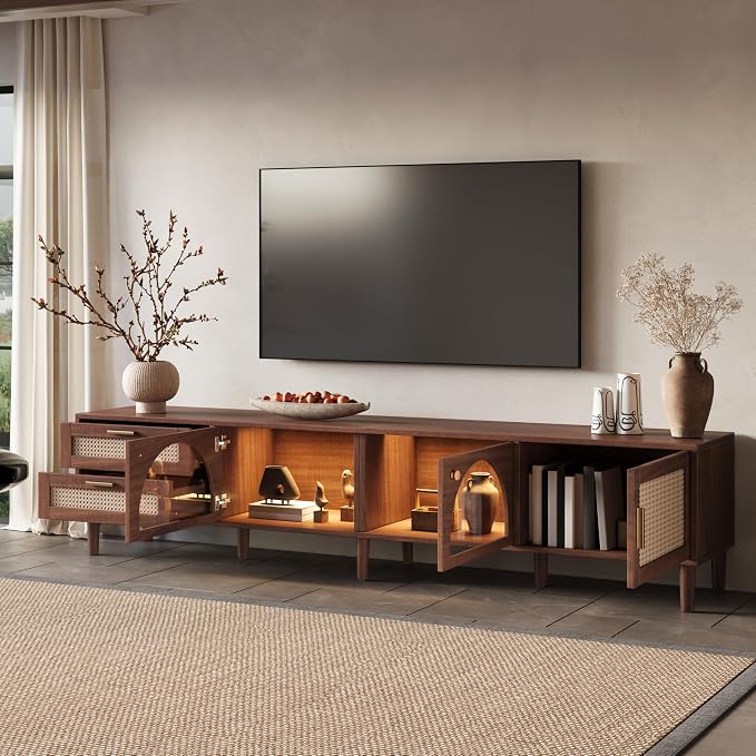 Merax Rattan TV Stand with LED Lights, Solid Wood Feet, Living Room, Bedroom - Image 3