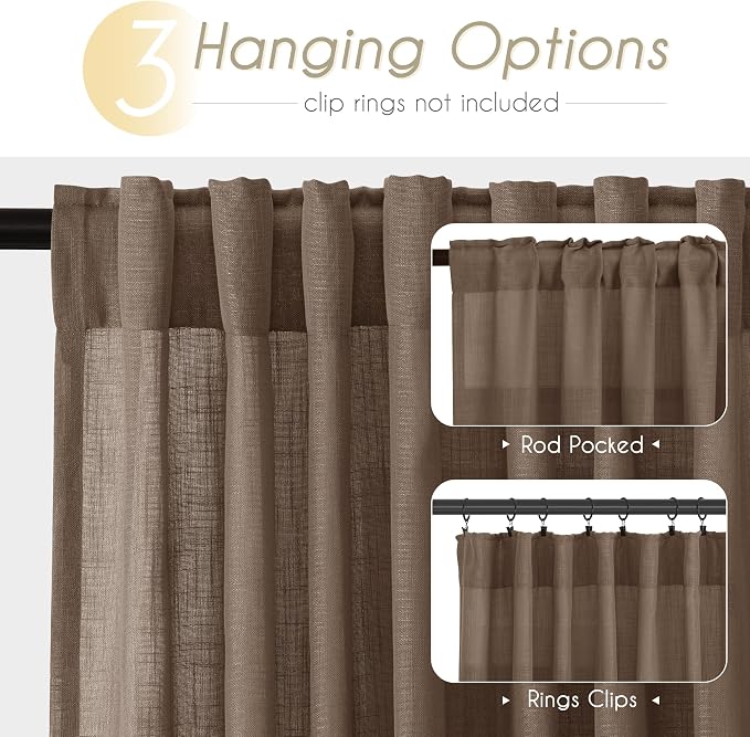 Chocolate Brown Linen Curtain 102 inch Length 2 Panels Back Tab Light Filtering - Image 2