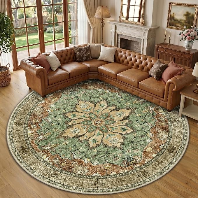 RELEANY Area Rugs Round 10ft Washable Non-Slip, Floral Vintage Distress Print by RELEANY