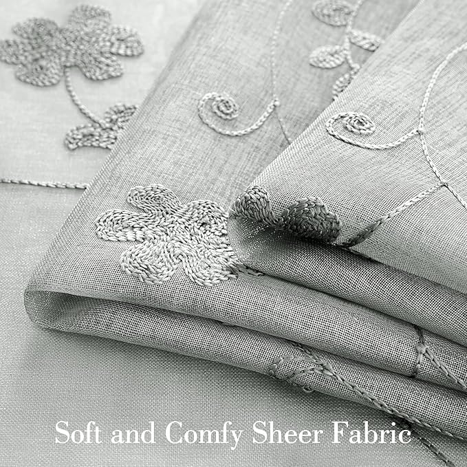 HOMEIDEAS Grey Sheer Curtains 84 Inches Long 2 Panels Embroidered Floral - Image 3