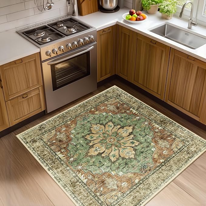 RELEANY Area Rugs Square 4ft Washable Non-Slip, Floral Vintage Distress Print by RELEANY