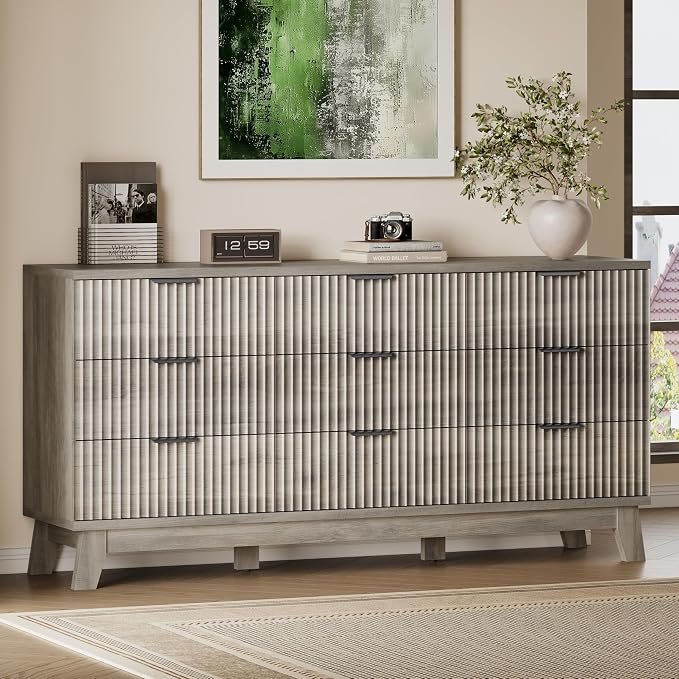 BORNOON 63" Long Dresser for Bedroom, 9-Drawer Fluted Dresser, Extra-Wide Wood by BORNOON