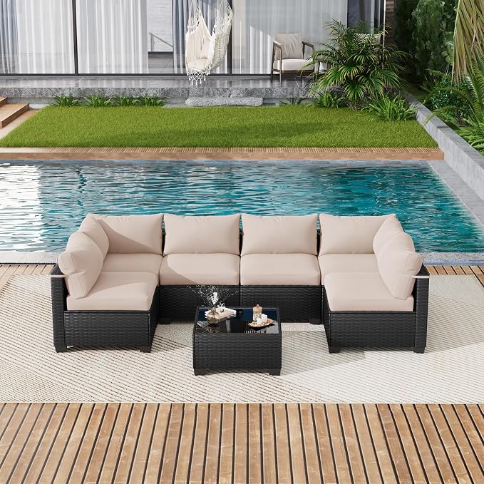 LOUVIXA 7 Piece Outdoor Patio Furniture Set, Outdoor Sectional Sofa, Wicker - Image 8