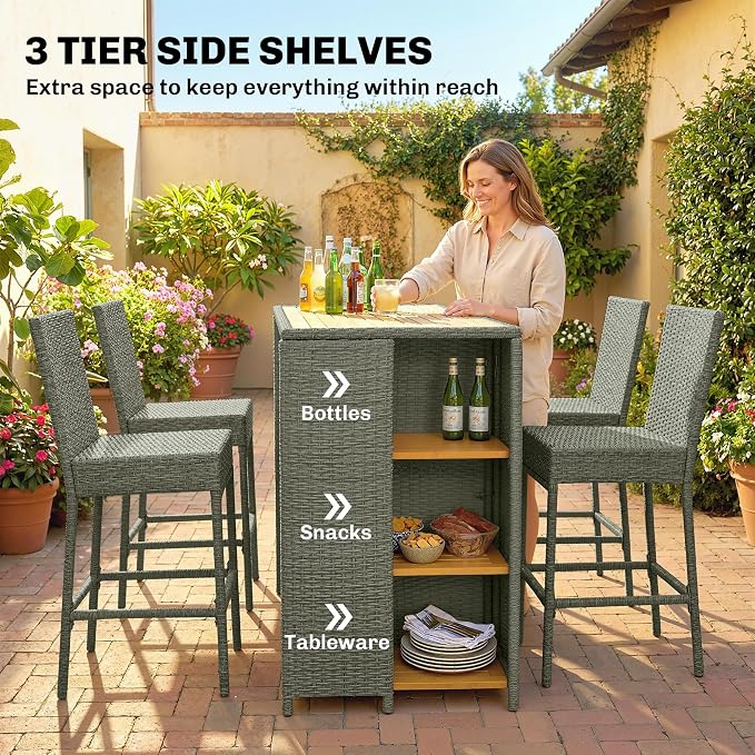 Outsunny 5 Piece Outdoor Bar Set, Wicker Outdoor High Top Table and Chairs - Image 3