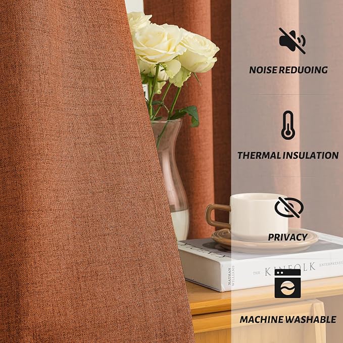 Yakamok Burnt Orange Linen Curtains 100% Blackout 84 Inches Long, Room - Image 5