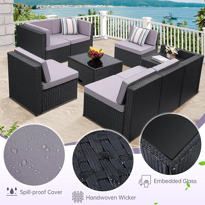KROFEM 8-Piece Patio Furniture Set, Outdoor Wicker Rattan Sectional - Image 5