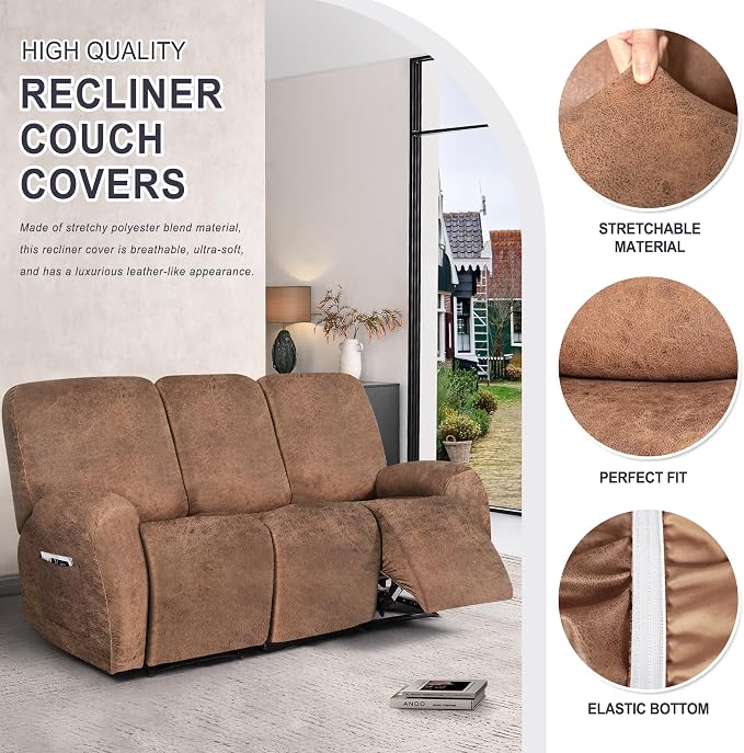 ANARACHON Leather Look Recliner Couch Cover, 8-Pieces Stretch Recliner Sofa - Image 4