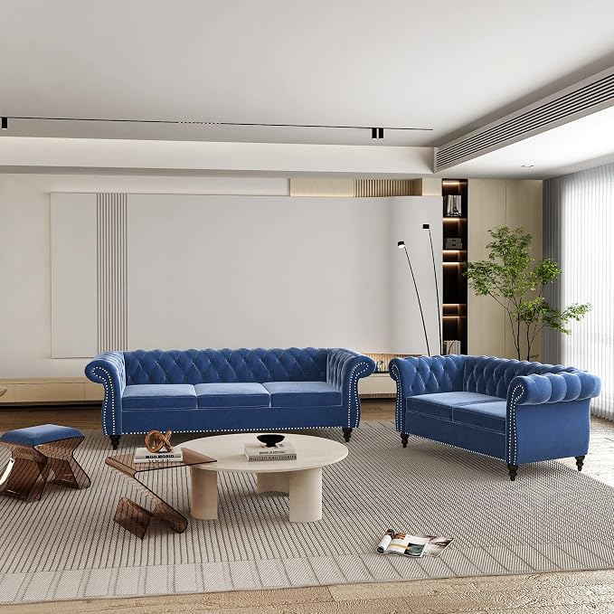 ORRD 2 Pieces Living Room Set, Velvet Couch Chesterfield Sofa Loveseat - Image 8