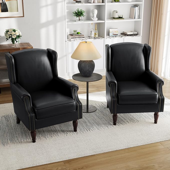 Pia Ricco Set of 2 Faux Leather Accent Chairs, High Back Wingback Armchairs - Image 8