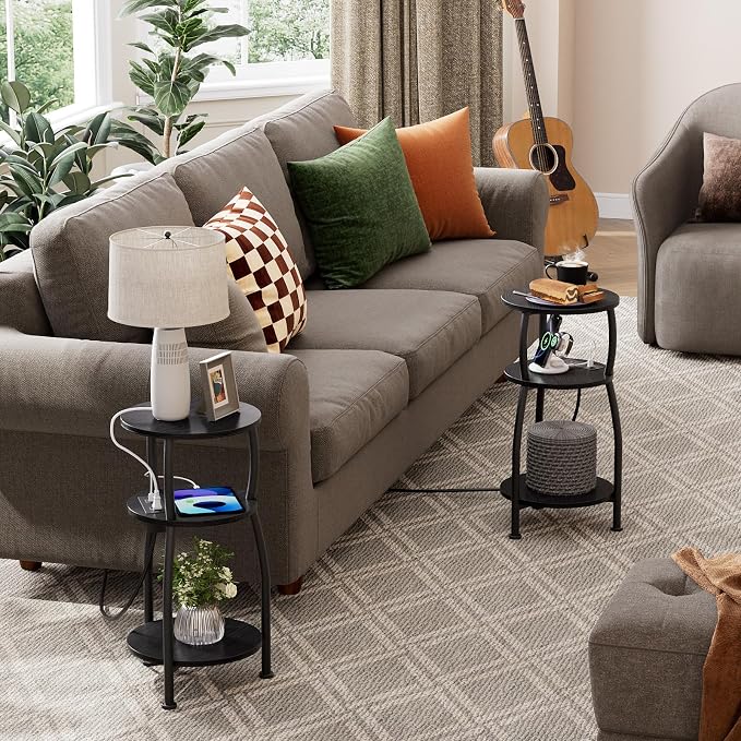 Round Side Table with Power Outlet & USB Ports, 3-Tier End Table with Storage - Image 6