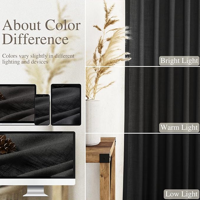 Nanspring Linen Kitchen Curtains 30 Inches Long Black Semi Sheer Short Curtains - Image 3