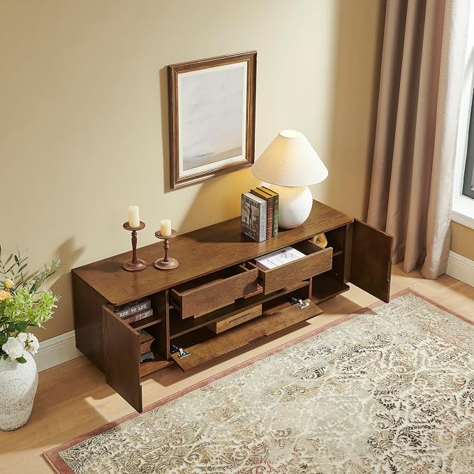 LKTART 59" Mid-Century Modern TV Stand, Solid Wood Veneer Entertainment Center - Image 5